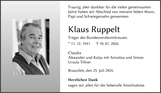 Traueranzeige von Klaus Ruppelt von Wetzlarer Neue Zeitung