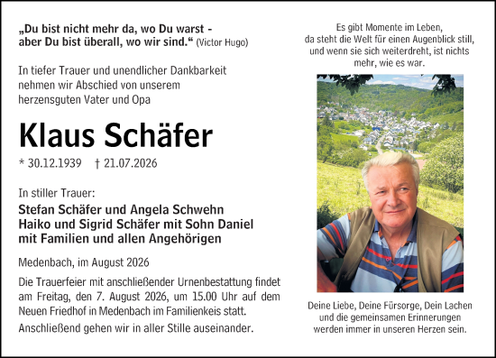 Traueranzeige von Klaus Schäfer von Dill Block