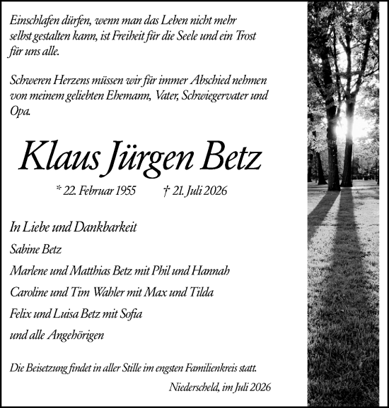 Traueranzeige von Klaus Jürgen Betz von Dill Block