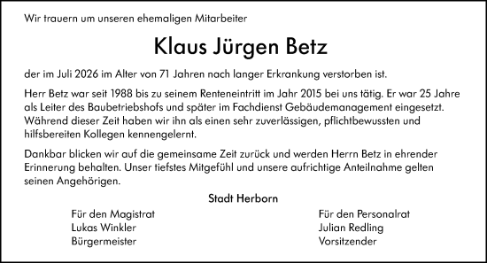 Traueranzeige von Klaus Jürgen Betz von Dill Block