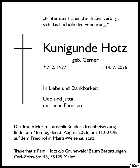 Traueranzeige von Kunigunde Hotz von Allgemeine Zeitung Mainz