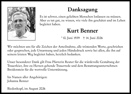 Traueranzeige von Kurt Benner von Hinterländer Anzeiger