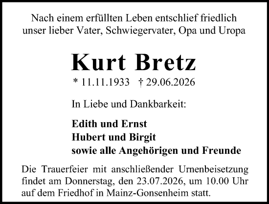 Traueranzeige von Kurt Bretz von Allgemeine Zeitung Mainz