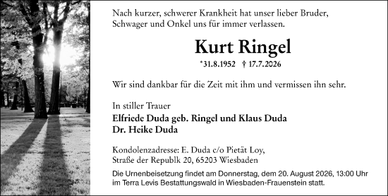 Traueranzeige von Kurt Ringel von Wiesbadener Kurier