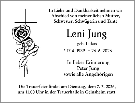 Traueranzeige von Leni Jung von Groß-Gerauer Echo