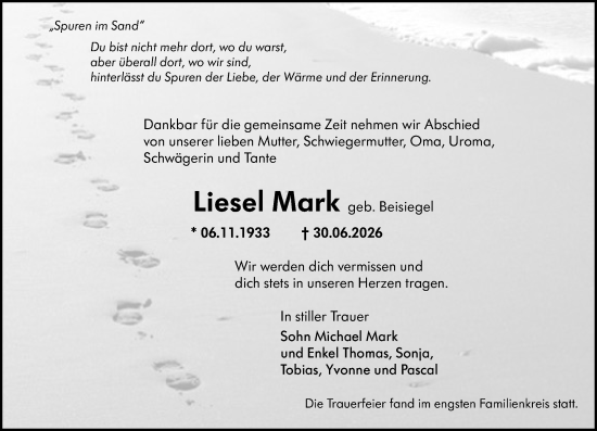 Traueranzeige von Liesel Mark von Binger-/Ingelheimer Wochenblatt