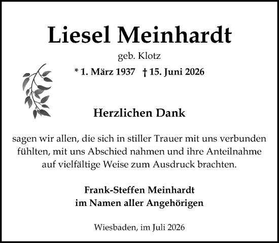 Traueranzeige von Liesel Meinhardt von Wiesbadener Kurier