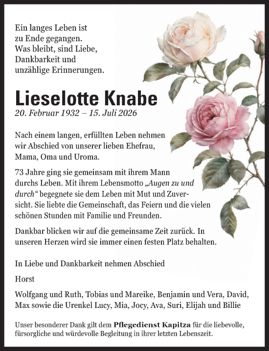 Traueranzeige von Lieselotte Knabe von Hinterländer Anzeiger
