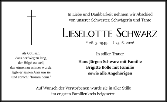 Traueranzeige von Lieselotte Schwarz von Odenwälder Echo