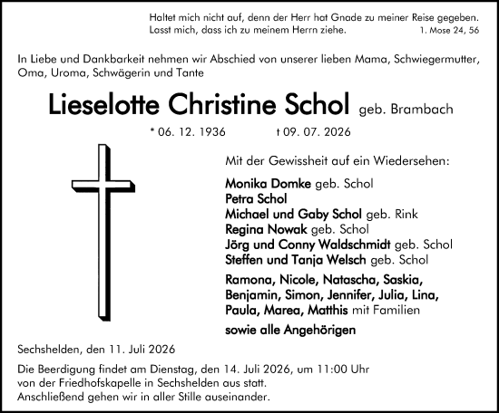 Traueranzeige von Lieselotte Christine Schol von Dill Block