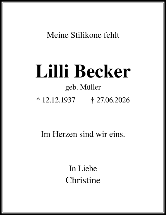Traueranzeige von Lilli Becker von Odenwälder Echo