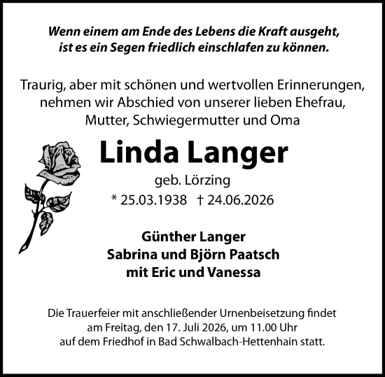 Traueranzeige von Linda Langer von Rheingau-Taunus-Kreis Wochenblatt