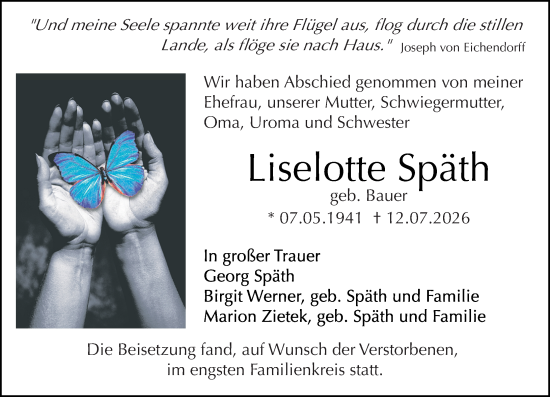 Traueranzeige von Liselotte Späth von Darmstädter Echo