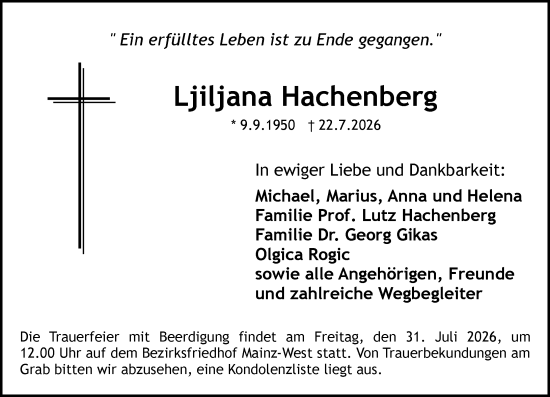 Traueranzeige von Ljiljana Hachenberg von Allgemeine Zeitung Mainz