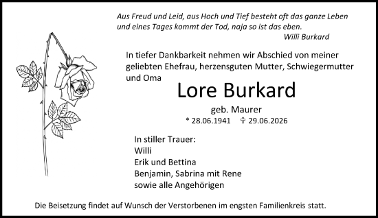 Traueranzeige von Lore Burkard von Rheingau Kurier