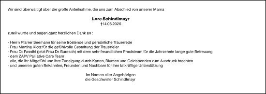 Traueranzeige von Lore Schindlmayr von Camberger Anzeiger