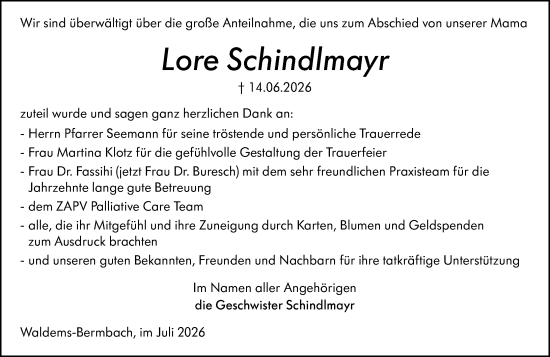 Traueranzeige von Lore Schindlmayr von Idsteiner Land/Untertaunus