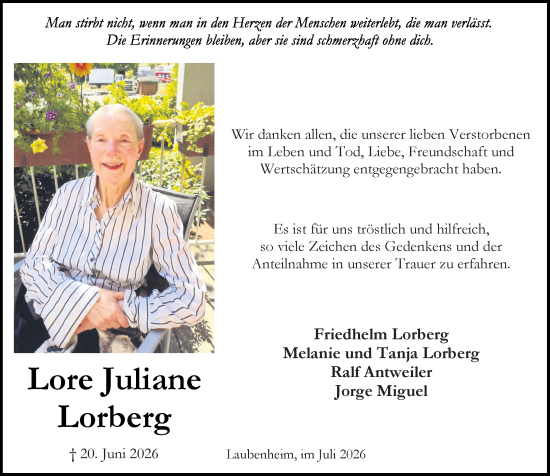 Traueranzeige von Lore Juliane Lorberg von Allgemeine Zeitung Rheinhessen-Nahe