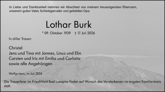 Traueranzeige von Lothar Burk von Hinterländer Anzeiger