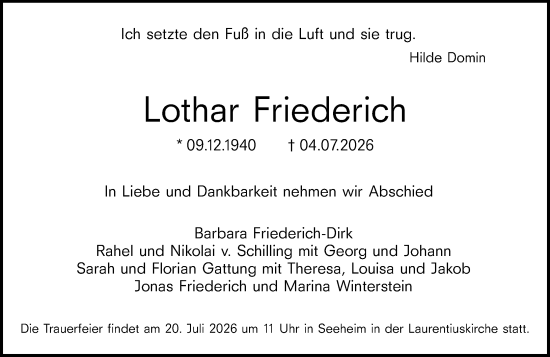 Traueranzeige von Lothar Friederich von Darmstädter Echo