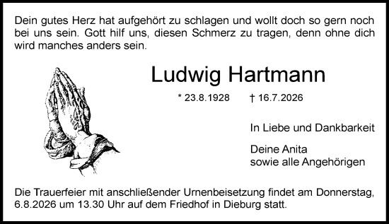 Traueranzeige von Ludwig Hartmann von Dieburger Anzeiger/Groß-Zimmerner Lokal-Anzeiger