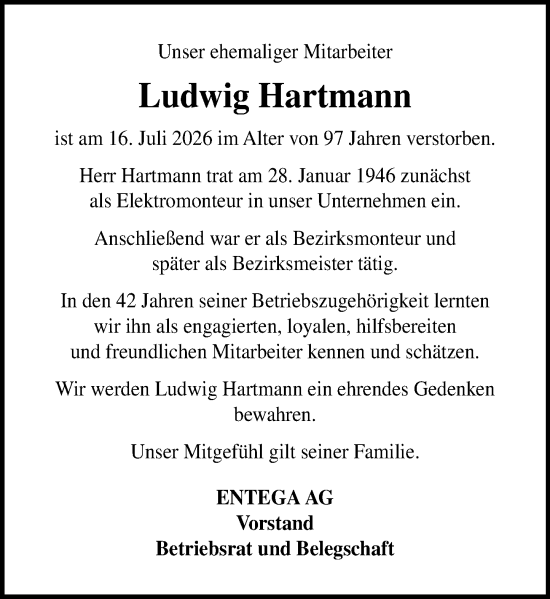 Traueranzeige von Ludwig Hartmann von Odenwälder Echo