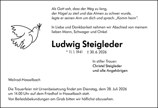 Traueranzeige von Ludwig Steigleder von Camberger Anzeiger