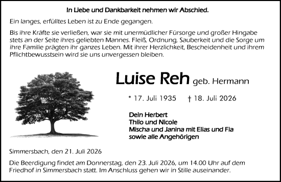Traueranzeige von Luise Reh von Dill Block