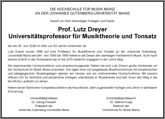 Traueranzeige von Lutz Dreyer von Allgemeine Zeitung Mainz