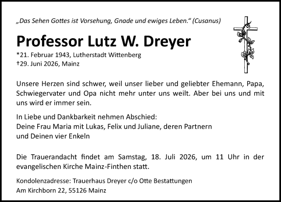 Traueranzeige von Lutz W. Dreyer von Allgemeine Zeitung Mainz