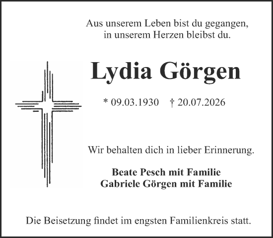 Traueranzeige von Lydia Görgen von Darmstädter Echo
