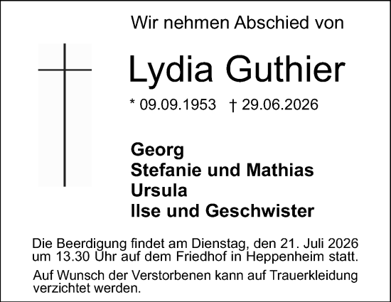 Traueranzeige von Lydia Guthier von Starkenburger Echo