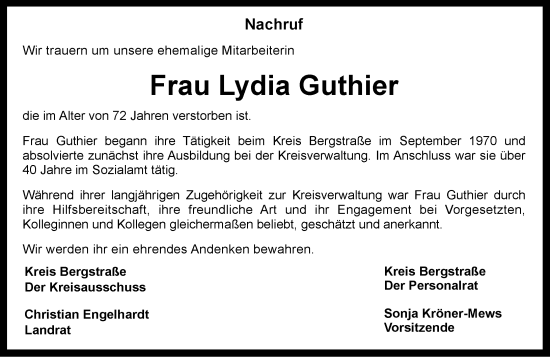 Traueranzeige von Lydia Guthier von Starkenburger Echo