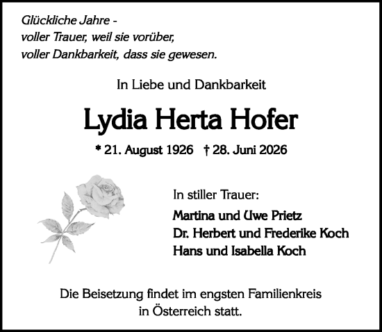 Traueranzeige von Lydia Herta Hofer von Wiesbadener Kurier