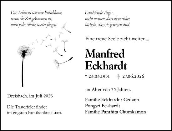 Traueranzeige von Manfred Eckhardt von Wetzlarer Neue Zeitung