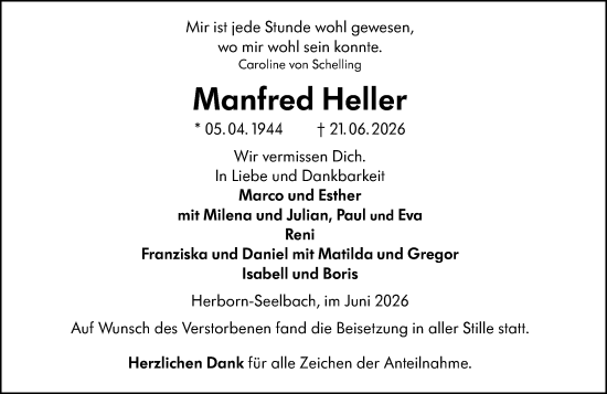 Traueranzeige von Manfred Heller von Dill Block