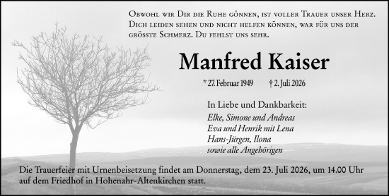 Traueranzeige von Manfred Kaiser von Wetzlarer Neue Zeitung