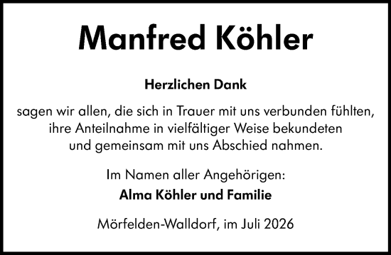 Traueranzeige von Manfred Köhler von Groß-Gerauer Echo