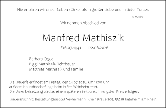 Traueranzeige von Manfred Mathiszik von Allgemeine Zeitung Rheinhessen-Nahe