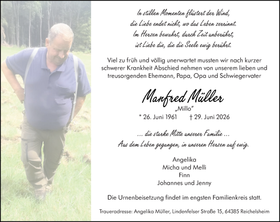 Traueranzeige von Manfred Müller von Odenwälder Echo