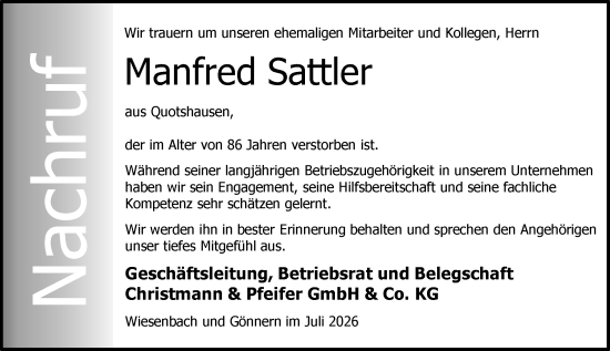Traueranzeige von Manfred Sattler von Hinterländer Anzeiger