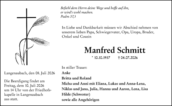 Traueranzeige von Manfred Schmitt von Dill Block