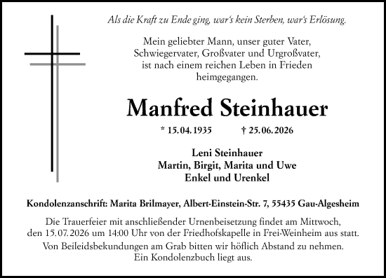 Traueranzeige von Manfred Steinhauer von Allgemeine Zeitung Rheinhessen-Nahe