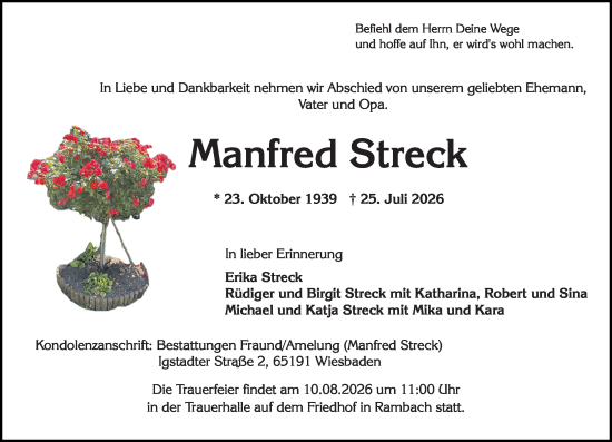 Traueranzeige von Manfred Streck von Wiesbadener Kurier