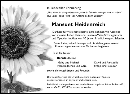 Traueranzeige von Mansuet Heidenreich von Wiesbadener Kurier