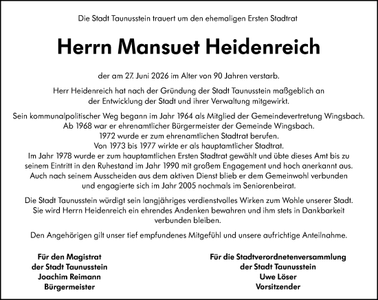 Traueranzeige von Mansuet Heidenreich von Wiesbadener Kurier