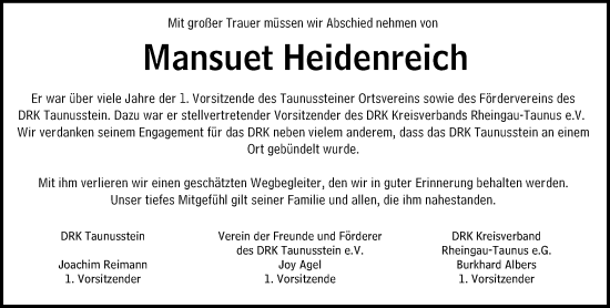 Traueranzeige von Mansuet Heidenreich von Rheingau-Taunus-Kreis Wochenblatt