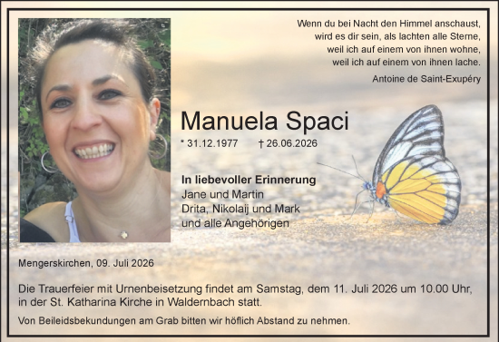 Traueranzeige von Manuela Spaci von Weilburger Tageblatt