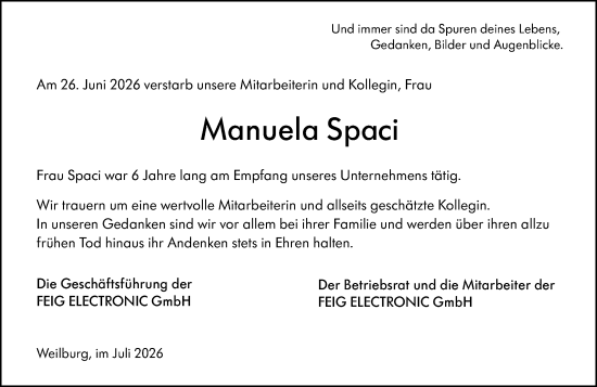 Traueranzeige von Manuela Spaci von Weilburger Tageblatt
