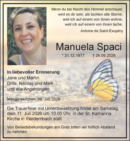 Traueranzeige von Manuela Spaci von Nassauische Neue Presse